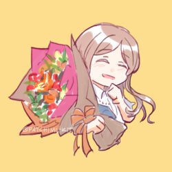 Rule 34 | bang dream!, bang dream! it&#039;s mygo!!!!!, blush, bouquet, brown hair, closed eyes, commentary request, cropped torso, flower, holding, holding bouquet, long hair, mukiki, nagasaki soyo, open mouth, orange flower, red flower, shirt, simple background, smile, twitter username, upper body, white shirt, yellow background, yellow flower