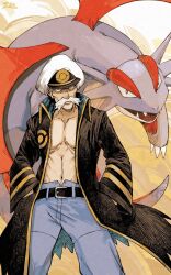 Rule 34 | 1boy, belt, black coat, black eyes, blue pants, closed mouth, coat, commentary request, creatures (company), drake (pokemon), facial hair, game freak, gen 3 pokemon, grey hair, hands in pockets, hat, highres, looking at viewer, male focus, mustache, navel, nintendo, no shirt, open clothes, open coat, oyasuminjyutsu, pants, peaked cap, pectorals, poke ball print, pokemon, pokemon (creature), pokemon rse, salamence, short hair, torn clothes, torn coat, trench coat, white headwear
