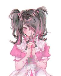 Rule 34 | 1girl, ame-chan (needy girl overdose), black bow, black bowtie, black hair, black nails, blush, bow, bowtie, boxcutter, distortion, dress, glitch, hair ornament, hair over one eye, hair tie, highres, holding, holding boxcutter, looking at viewer, medium hair, multicolored hair, needy girl overdose, own hands together, pink dress, pink eyes, pink hair, pixelated, puffy short sleeves, puffy sleeves, short sleeves, simple background, sketch, skye (naye1ne), smile, solo, twintails, two-tone hair, upper body, white background, x hair ornament