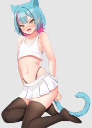 Rule 34 | 1boy, absurdres, animal ears, aqua hair, arms behind back, bare arms, black thighhighs, cat ears, cat tail, crop top, crossdressing, fang, full body, grey background, highres, kemonomimi mode, kyo kaneko, male focus, microskirt, midriff, multicolored hair, navel, nijisanji, nijisanji en, open mouth, panty straps, pink hair, simple background, skirt, sleepypudding, solo, tail, tank top, thighhighs, trap, two-tone hair, virtual youtuber, white skirt, white tank top