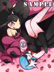 Rule 34 | alternate color, black hair, blue hair, blush, commentary request, creatures (company), game freak, gardevoir, gen 3 pokemon, hair over one eye, highres, korean commentary, long hair, looking at viewer, lying, mawile, mega gardevoir, mega mawile, mega pokemon, nintendo, on side, open mouth, petals, pokemon, pokemon (creature), red eyes, sample watermark, shasa2456, shiny pokemon, short hair, signature, upside-down, very long hair, watermark