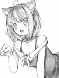 Rule 34 | 1girl, ahoge, animal ears, blush, bob cut, breasts, cat ears, cleavage, crescent, crescent necklace, dress, greyscale, hair ornament, hairclip, hand up, highres, himemori luna, himemori luna (sundress), hololive, jewelry, looking at viewer, medium breasts, medium hair, monochrome, nanashi (nlo), necklace, open mouth, paw pose, simple background, solo, upper body, virtual youtuber, white background
