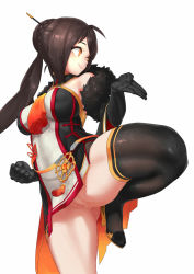 Rule 34 | 1girl, 3eye, ara haan, ara han, bare shoulders, black gloves, black hair, braid, braided bun, breasts, china dress, chinese clothes, clenched hand, dress, elsword, gloves, hair bun, hair ornament, hair stick, large breasts, long hair, microdress, no panties, pussy, single hair bun, single thighhigh, smile, solo, stance, standing, standing on one leg, thighhighs, thighs, yama raja (elsword), yellow eyes