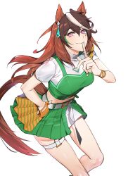 Rule 34 | 1girl, animal ears, belt, bracelet, breasts, brown hair, closed mouth, crop top, earrings, feet out of frame, fingerless gloves, gloves, green skirt, green vest, hand on own hip, highres, horse ears, horse girl, horse tail, index finger raised, jewelry, long hair, looking at viewer, midriff, multicolored hair, orange gloves, pink eyes, shirt, short sleeves, simple background, single earring, single glove, skirt, small breasts, smile, solo, sticker on face, streaked hair, symboli rudolf (umamusume), tail, thigh strap, ukka (0ukka ), umamusume, umayuru, vest, white background, white shirt