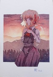 Rule 34 | 1546677594, 1girl, absurdres, autumn leaves, black skirt, black vest, blonde hair, breasts, closed mouth, cloud, cloudy sky, collar, collared shirt, dated, eyes visible through hair, forest, gradient sky, hair ribbon, hands up, highres, leaf, light, long sleeves, looking at viewer, medium breasts, mountain, multicolored sky, nature, necktie, orange sky, painting (medium), purple sky, red eyes, red necktie, red ribbon, ribbon, rumia, shadow, shirt, short hair, skirt, sky, solo, sunlight, sunset, touhou, traditional media, tree, vest, watercolor (medium), white background, white shirt, yellow sky