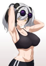 Rule 34 | 1girl, :o, absurdres, animal ears, arknights, armpits, arms behind head, black bra, black hair, black pants, bra, breasts, eyewear on head, feater (arknights), hair over one eye, highres, large breasts, long hair, looking at viewer, multicolored hair, navel, noe (ppppriver), panda ears, pants, silver hair, simple background, solo, sports bra, stomach, streaked hair, sunglasses, sweat, twintails, underwear, white background