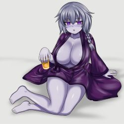 Rule 34 | 1girl, bare legs, barefoot, blush, braid, breasts, collarbone, colored skin, commentary, commission, cup, drinking glass, full body, grey background, grey hair, grey skin, hair between eyes, highres, how to, huge breasts, lich (monster girl encyclopedia), long hair, long sleeves, looking at viewer, monster girl encyclopedia, nav (itsnav), open mouth, purple eyes, purple robe, robe, side braid, simple background, single braid, sitting, solo, wide sleeves, yokozuwari