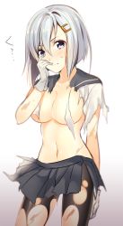 Rule 34 | 10s, 1girl, bad id, bad pixiv id, blue eyes, blush, breasts, damaged, gloves, hair ornament, hair over one eye, hairclip, hamakaze (kancolle), kantai collection, large breasts, looking at viewer, okia, pantyhose, personification, school uniform, serafuku, short hair, silver hair, skirt, solo, sweatdrop, torn clothes, torn pantyhose, white gloves