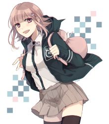Rule 34 | 1girl, :d, artist name, backpack, bag, black jacket, black shirt, black thighhighs, blouse, blush, breasts, brown skirt, collared shirt, commentary request, danganronpa (series), danganronpa 2: goodbye despair, dress shirt, flipped hair, hair ornament, hairclip, hands up, holding strap, hood, jacket, large breasts, leaning forward, long sleeves, looking at viewer, medium hair, miniskirt, nanami chiaki, open mouth, pink bag, pink eyes, pink ribbon, pleated skirt, ribbon, shirt, shirt tucked in, skirt, smile, solo, thighhighs, two-tone shirt, white background, y0e0k, zettai ryouiki