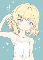 Rule 34 | 1girl, arm up, armpits, blonde hair, blue eyes, bubble, camisole, casual, closed mouth, commentary, girls und panzer, green background, hand in own hair, head tilt, katyusha (girls und panzer), light frown, looking at viewer, shibagami, shirt, short hair, solo, upper body, white shirt