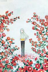 Rule 34 | 1girl, absurdres, black footwear, black pants, cake, collared shirt, flower, food, grey hair, highres, holding, holding plate, leaf, long hair, long sleeves, looking at viewer, non na, original, pants, petals, plate, red eyes, red flower, shirt, signature, solo, standing, white shirt