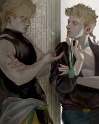 Rule 34 | 2boys, artist name, black shirt, blonde hair, braid, commentary request, crossed arms, danart14020, dio brando, father and son, giorno giovanna, green headband, headband, unworn headband, highres, holding, holding headband, jojo no kimyou na bouken, long hair, looking at another, male focus, multiple boys, muscular, muscular male, pants, realistic, shirt, smile, stardust crusaders, vento aureo, yellow eyes, yellow pants