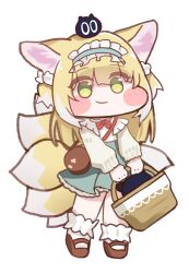 Rule 34 | 1girl, absurdres, animal ears, arknights, bag, basket, blonde hair, blue hairband, blue skirt, blush stickers, bobby socks, bow, bowtie, brown bag, brown footwear, chibi, closed mouth, colored tips, commentary, creature on head, english commentary, fox ears, fox girl, fox tail, frilled hairband, frills, full body, green eyes, hairband, heixiu, highres, holding, holding basket, in basket, kitsune, kyuubi, long hair, long sleeves, luo xiaohei, luo xiaohei zhanji, mary janes, multicolored hair, multiple tails, n3moni, red bow, red bowtie, shoes, shoulder bag, skirt, socks, suzuran (arknights), suzuran (spring praise) (arknights), tail, two-tone hair, white background, white hair, white socks