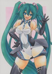 Rule 34 | 1girl, aqua eyes, aqua hair, border, breasts, elbow gloves, gloves, hair ornament, hand on own hip, hatsune miku, large breasts, leotard, open mouth, pink background, race queen, racing miku, racing miku (2011), simple background, smile, solo, thighhighs, twintails, vocaloid, white border, yutakasan-love