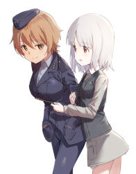 Rule 34 | 2girls, brave witches, brown eyes, brown hair, edytha rossmann, garrison cap, hands in pockets, hat, highres, holding another&#039;s arm, looking at another, mejina, military, military uniform, multiple girls, silver hair, simple background, smile, uniform, vest, waltrud krupinski, white background, world witches series