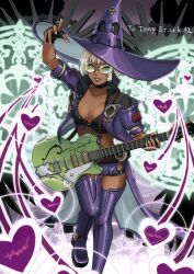 Rule 34 | 1girl, alternate color, alternate skin color, black choker, black gloves, breasts, choker, dark-skinned female, dark skin, electric guitar, fingerless gloves, gloves, green-tinted eyewear, guilty gear, guilty gear strive, guitar, hat, highres, holding, holding instrument, i-no, instrument, looking at viewer, medium breasts, medium hair, mole, mole above mouth, music, playing instrument, purple footwear, purple hat, short sleeves, sptn 00, tinted eyewear, venus symbol, witch hat