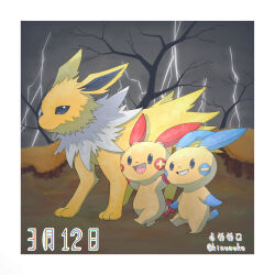 Rule 34 | 2others, artist name, bare tree, black eyes, black sky, blank eyes, blush stickers, closed mouth, cloud, cloudy sky, creatures (company), dated, from side, full body, furry, game freak, gen 1 pokemon, gen 3 pokemon, grin, happy, highres, jolteon, kinunuko, lightning, looking at viewer, minun, multiple others, neck fur, nintendo, open mouth, other focus, outdoors, plusle, pokemon, pokemon (creature), sky, smile, standing, teeth, tree, twitter username, walking, watermark