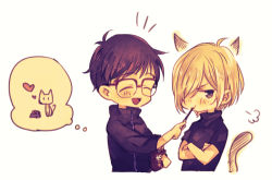 Rule 34 | 10s, 2boys, ^ ^, animal ears, bad id, bad pixiv id, black hair, blonde hair, cat, cat ears, cat tail, closed eyes, crossed arms, eating, closed eyes, feeding, food, glasses, green eyes, hair over one eye, heart, katsuki yuuri, lowres, male focus, multiple boys, naho (pi988y), open mouth, pocky, smile, tail, thought bubble, yuri!!! on ice, yuri plisetsky