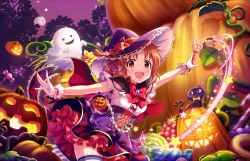 Rule 34 | 1girl, abe nana, artist request, bow, brown eyes, brown hair, candy, cape, dress, food, fruit, ghost, gloves, halloween, hat, idolmaster, idolmaster cinderella girls, idolmaster cinderella girls starlight stage, magic, night, ponytail, pumpkin, ribbon, skirt, solo, star (symbol), thighhighs, wand, witch, witch hat