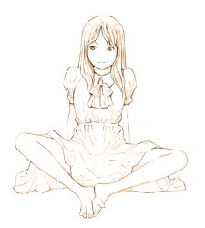 Rule 34 | 1girl, barefoot, dress, feet, feet together, knees apart feet together, long hair, monochrome, original, sketch, soles, solo, toes, traditional media, yoshitomi akihito
