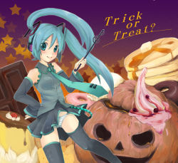Rule 34 | 1girl, blue hair, butter, candy, cherry, chocolate, chocolate bar, detached sleeves, doughnut, english text, food, fruit, halloween, hatsune miku, ice cream, jack-o&#039;-lantern, lowleg, lowleg panties, pancake, pancake stack, panties, pudding, sazame, solo, star (symbol), striped clothes, striped panties, syrup, thighhighs, treble clef, trick or treat, twintails, underwear, vocaloid