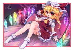 Rule 34 | 1girl, apple, arm support, ascot, bare legs, bed, bed sheet, bedroom, blonde hair, breasts, collared shirt, crystal, flandre scarlet, food, frilled pillow, frilled shirt collar, frilled skirt, frills, fruit, full body, glowing, glowing wings, hat, hat ribbon, highres, holding, holding food, holding fruit, indoors, leaning back, looking at food, medium hair, mob cap, mr.turtle head, multicolored wings, no shoes, on bed, one side up, panties, pillow, puffy short sleeves, puffy sleeves, red apple, red eyes, red ribbon, red skirt, red vest, ribbon, ribbon-trimmed headwear, ribbon trim, shirt, short sleeves, skirt, skirt set, small breasts, socks, solo, teeth, touhou, underwear, upper teeth only, vest, white hat, white panties, white shirt, white socks, wings, wrist cuffs, yellow ascot