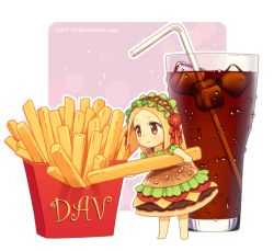 Rule 34 | 1girl, blonde hair, brown eyes, burger, cheese, chibi, coca-cola, dav-19, dress, drink, drinking straw, food, food-themed clothes, food as clothes, french fries, glass, hair ornament, hairband, ice, ice cube, lace, lettuce, long hair, mini person, minigirl, original, personification, signature, smile, soda, solo, sparkle, tomato, transparent background, watermark, web address
