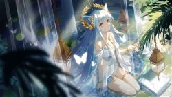 Rule 34 | 1girl, animal ear fluff, animal ears, arknights, armband, bikini, blunt bangs, breasts, bug, butterfly, chain, cleavage, closed mouth, collarbone, commentary request, criss-cross halter, eyebrows, gold, hair over shoulder, halterneck, hanging lantern, highres, horse ears, horse girl, insect, jewelry, lantern, laurel crown, light rays, long hair, looking up, medium breasts, midriff, off shoulder, official alternate costume, pillow, plant, platinum (arknights), platinum (shimmering dew) (arknights), see-through, seiza, sitting, solo, sunlight, swimsuit, teatix, temple, thighlet, vegetation, water, waterfall, wet, white bikini, white butterfly, white hair, yellow eyes