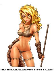 Rule 34 | 1girl, arm warmers, armlet, blonde hair, breasts, cave elf (ronindude), cleavage, contrapposto, elf, eyebrows, highres, holding, holding weapon, jewelry, lips, long hair, looking at viewer, medium breasts, navel, necklace, original, pointy ears, polearm, ronindude, single strap, solo, spear, tail, torn clothes, tribal, wavy hair, weapon, yellow eyes