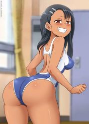 Rule 34 | 1girl, ass, back, black hair, blurry, blurry background, blush, breasts, brown eyes, competition swimsuit, grin, hair ornament, hairclip, highres, ijiranaide nagatoro-san, indoors, looking back, medium breasts, nagatoro hayase, one-piece swimsuit, sano br, smile, swimsuit, tan, teeth