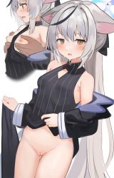 Rule 34 | 1boy, 1girl, absurdres, animal ears, bare shoulders, black dress, black hair, blue archive, breasts, brown eyes, cleft of venus, dress, grabbing, grabbing another&#039;s breast, grabbing from behind, grey hair, hetero, highres, kokona (blue archive), lifted by self, looking at viewer, marisayaka, multiple views, nipples, pussy, simple background, small breasts, striped clothes, striped dress, sweat, white background