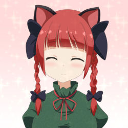 Rule 34 | 1girl, ^ ^, animal ears, black bow, blunt bangs, blush, bow, braid, cat ears, cato (monocatienus), closed eyes, commentary, dress, facing viewer, gradient background, green dress, hair bow, highres, kaenbyou rin, long hair, pink background, portrait, puffy sleeves, red hair, simple background, smile, solo, sparkle background, touhou, twin braids