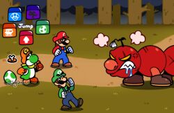 Rule 34 | 2boys, angry, battle, brown hair, dinosaur, facial hair, forest, gloves, hat, looking at another, luigi, mario, mario &amp; luigi rpg, multiple boys, mustache, nature, nintendo, overalls, scarf, tail, wiggler, worm, yoshi, yoshi egg