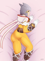 Rule 34 | 1girl, absurdres, animal ears, ass, bodysuit, boots, breasts, cat ears, child, facial mark, female focus, gloves, grin, highres, lackatask, looking at viewer, looking back, lying, nia (xenoblade), on stomach, scarf, shiny clothes, short hair, sideboob, silver hair, skin tight, smile, solo, xenoblade chronicles (series), xenoblade chronicles 2