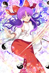 Rule 34 | 1girl, :d, bow, commentary request, detached sleeves, hair bow, hakama, hakama pants, hakurei reimu, hakurei reimu (pc-98), happy, highres, japanese clothes, kimono, long hair, long sleeves, miko, one eye closed, open mouth, orb, pants, purple hair, red bow, red hakama, red pants, sea scorpion (umisasori), sidelocks, smile, solo, touhou, touhou (pc-98), very long hair, white kimono, wide sleeves, yin yang, yin yang orb
