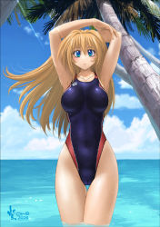 Rule 34 | 1girl, armpits, arms up, blonde hair, blue eyes, breasts, cameltoe, competition swimsuit, covered erect nipples, cowboy shot, dated, day, high cut kingdom, highleg, highleg swimsuit, large breasts, long hair, nyanko batake, ocean, one-piece swimsuit, original, outdoors, palm tree, solo, swimsuit, tree, wading, water