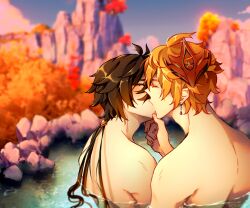 Rule 34 | 2boys, ahoge, autumn, blush, closed eyes, deviantart, earrings, genshin impact, grabbing another&#039;s chin, hand on another&#039;s chin, jewelry, kiss, multiple boys, onsen, outdoors, single earring, tartaglia (genshin impact), water, yaoi, zhongli (genshin impact)