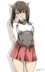 Rule 34 | 1girl, arms behind back, artist name, brown eyes, brown hair, chestnut mouth, cowboy shot, dated, flat chest, gakky, hair between eyes, headgear, kantai collection, looking at viewer, one-hour drawing challenge, open mouth, red skirt, short hair, simple background, skirt, solo, taihou (kancolle), thighs, white background