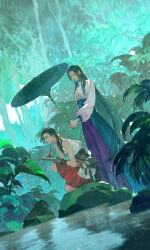 Rule 34 | 2girls, animal, black gloves, black hair, blue eyes, fingerless gloves, forehead jewel, forest, gloves, half-closed eyes, highres, holding, holding pen, holding umbrella, ibuki satsuki, kneeling, leaf, long hair, looking at another, looking down, multiple girls, nature, open mouth, original, outdoors, parted bangs, pen, ponytail, rain, red skirt, reflection, reflective water, rock, skirt, sleeveless, smile, standing, tree, umbrella, water, water drop