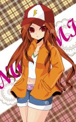 Rule 34 | 1girl, absurdres, baseball cap, blush, breasts, brown hair, casual, female focus, frown, hand in pocket, hat, highres, inazuma eleven, inazuma eleven (series), jacket, long hair, midriff, raimon natsumi, red eyes, shorts, solo