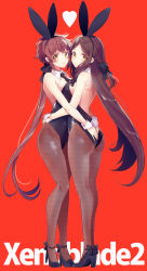 Rule 34 | 2girls, :o, alternate costume, animal ears, ass, ass grab, back, backless outfit, bare back, black bow, black footwear, black leotard, black neckwear, blue background, blush, bow, braid, breast press, breasts, brown hair, brown legwear, buttons, copyright name, couple, detached collar, fake animal ears, fan la norne, female focus, fishnet pantyhose, fishnets, french braid, from side, full body, gloves, hair bow, heart, heart button, high heels, highres, himeno345, hug, leotard, long hair, looking at viewer, looking back, lora (xenoblade), medium breasts, multiple girls, necktie, nintendo, pantyhose, parted lips, playboy bunny, ponytail, rabbit ears, rabbit tail, red background, shoes, short hair, sidelocks, simple background, smile, standing, strapless, strapless leotard, strappy heels, symmetrical docking, tail, very long hair, wrist cuffs, xenoblade chronicles (series), xenoblade chronicles 2, xenoblade chronicles 2: torna - the golden country, yellow eyes, yuri