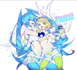 Rule 34 | 2girls, blonde hair, blue eyes, blue hair, bottle, bow, commentary, elbow pads, gloves, hair bow, hands up, hatsune miku, holding, holding bottle, hug, kagamine rin, long hair, looking at viewer, manbou no ane, midriff, miniskirt, multiple girls, navel, open mouth, partially fingerless gloves, pocari sweat, product placement, ring no seraph (vocaloid), short hair, skirt, smile, sports bra, stomach, thank you, thighhighs, twintails, very long hair, vocaloid, water drop, white background, white bow, white gloves, wings, wrestling outfit