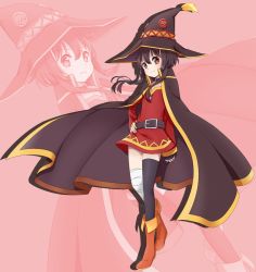 Rule 34 | 10s, 1girl, asymmetrical legwear, bad id, bad pixiv id, black hair, boots, cape, collar, commentary request, dress, fingerless gloves, gloves, hand on own hip, hat, kanaki, kono subarashii sekai ni shukufuku wo!, looking at viewer, megumin, pout, red dress, red eyes, short hair, short hair with long locks, solo, thighhighs, uneven legwear, witch hat, zettai ryouiki, zoom layer