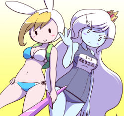Rule 34 | 2girls, adventure time, animal hood, backpack, bag, bikini, blonde hair, blue skin, blush, breasts, cartoon network, cleavage, colored skin, cowboy shot, crown, eyebrows, fionna the human girl, frown, gradient background, hand on own hip, hood, ice queen (adventure time), large breasts, long hair, multiple girls, name tag, nollety, one-piece swimsuit, rabbit hood, school swimsuit, school swimsuit flap, side-tie bikini bottom, smile, swimsuit, sword, toon (style), weapon, white hair