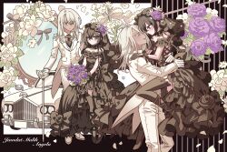 1boy 1girl absurdres black_dress black_thighhighs bouquet bridal_veil bride brown_hair cane car carrying carrying_person closed_mouth commission dark-skinned_male dark_skin dress face-to-face flower formal_clothes frilled_dress frills full_body gloves green_eyes grey_hair highres holding holding_bouquet holding_cane jacket long_hair long_sleeves looking_at_viewer meremero mirror motor_vehicle multiple_views original pants profile purple_eyes purple_flower purple_rose rose second-party_source short_hair smile standing suit thighhighs veil wedding_dress white_flower white_gloves white_jacket white_pants white_suit