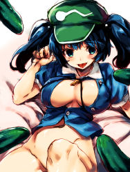 Rule 34 | 1girl, aqua eyes, bad id, bad pixiv id, blue hair, bottomless, breasts, breasts apart, cleavage, clenched hands, collared shirt, convenient leg, cucumber, gradient background, groin, hair bobbles, hair ornament, hat, highres, kawashiro nitori, key, large breasts, looking at viewer, lying, navel, no panties, no pants, on back, on bed, pink background, puffy short sleeves, puffy sleeves, redcomet, shirt, short hair, short sleeves, solo, tongue, tongue out, touhou, twintails, two side up