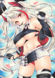 Rule 34 | 1girl, antenna hair, armpits, azur lane, bare shoulders, bikini, black gloves, black jacket, black legwear, black shirt, black skirt, breasts, collared shirt, covered navel, cowboy shot, crop top, cropped jacket, gloves, gluteal fold, hair ornament, hand up, highleg, highres, holding, jacket, large breasts, long hair, looking at viewer, microskirt, midriff, multicolored hair, navel, no bra, off shoulder, official alternate costume, open clothes, open jacket, parted lips, prinz eugen (azur lane), prinz eugen (final lap) (azur lane), race queen, red bikini, revealing clothes, saya pr, shirt, skirt, sleeveless, sleeveless shirt, solo, stomach, streaked hair, swimsuit, thighs, underboob, very long hair, white hair