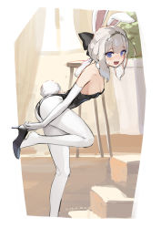 Rule 34 | 1girl, animal ears, asicah, black bow, black footwear, black leotard, blue eyes, blush, border, bow, breasts, brown hair, commentary, copyright request, dated, detached sleeves, extra ears, fake animal ears, foot out of frame, hair bow, high heels, highres, leotard, looking at viewer, open mouth, pantyhose, pumps, rabbit girl, rabbit tail, removing shoes, small breasts, solo, stairs, standing, standing on one leg, sweatdrop, tail, tiara, white border, white pantyhose, white sleeves
