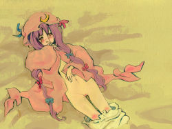Rule 34 | 1girl, bloomers, bloomers pull, bottomless, bow, female focus, hair bow, hat, kuma (artist), kuma (crimsonvanilla), long hair, lying, multiple hair bows, navel, on back, open clothes, open robe, patchouli knowledge, purple hair, pussy, red eyes, robe, solo, touhou, underwear, white bloomers