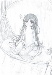 Rule 34 | 1girl, bamboo, bamboo forest, blouse, blush, bubble, clam shell, clothes in mouth, commentary, commentary request, forest, frilled shirt, frilled skirt, frilled sleeves, frills, full body, graphite (medium), greyscale, hair between eyes, highres, hime cut, houraisan kaguya, long hair, long skirt, long sleeves, mahiro (akino-suisen), monochrome, nature, one-hour drawing challenge, patterned clothing, petticoat, seiza, shirt, shoes, sitting, skirt, solo, touhou, traditional media, very long hair, wide sleeves
